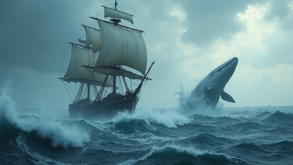 A classic whaling ship battling massive waves under a moody sky, with a huge white whale breaching nearby.