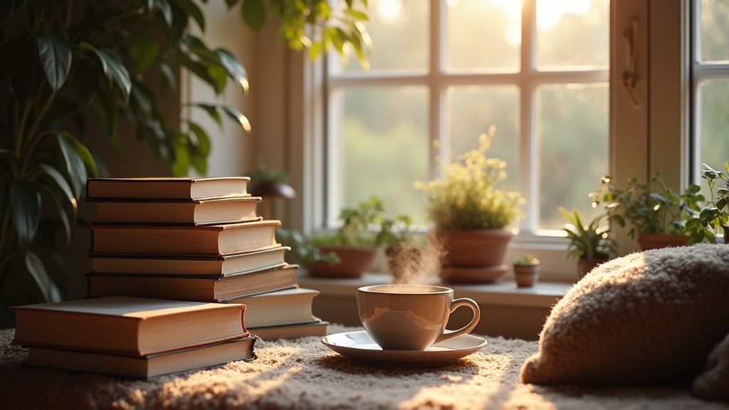 A cozy reading nook filled with stacks of contemporary novels, a steaming mug, and gentle sunlight through a window
