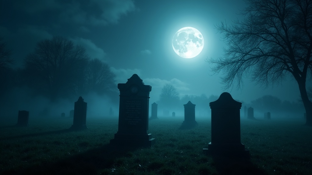 A moody, moonlit cemetery scene with gravestones and mist. Trees in the background and an ethereal glow add a haunting, magical atmosphere.