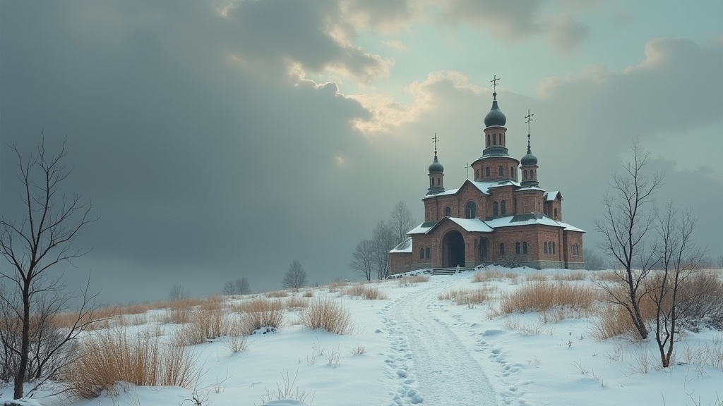 An evocative old Russian monastery against a wintry landscape, with dramatic clouds above