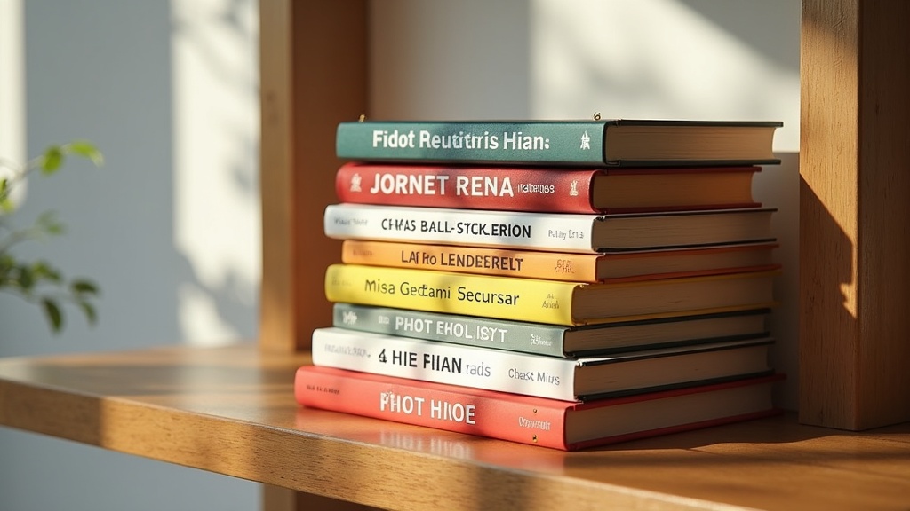 Stack of new book releases with colorful covers arranged on a minimalist wooden shelf